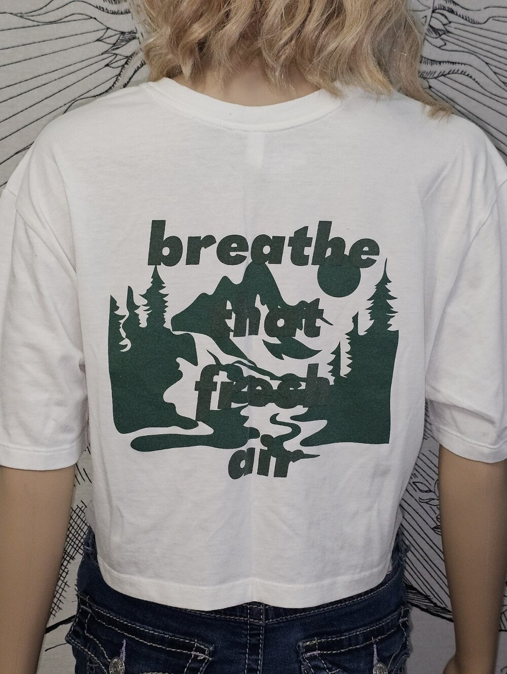 Fabletics Graphic Crop Tee with Forest Green Print - "Breathe That Fresh Air"
